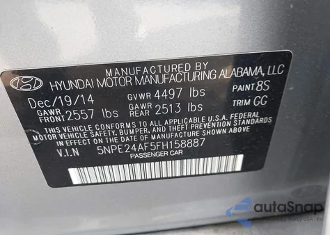 2015 Hyundai Sonata Se z USA, uszkodzony, nr VIN 5NPE24AF5FH158887
